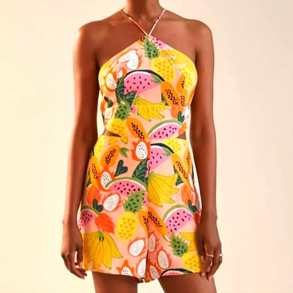 Hutch Anthropologie Jeslyn Tropical Fruit Cutout Halter Romper SZ S - Picture 7 of 8